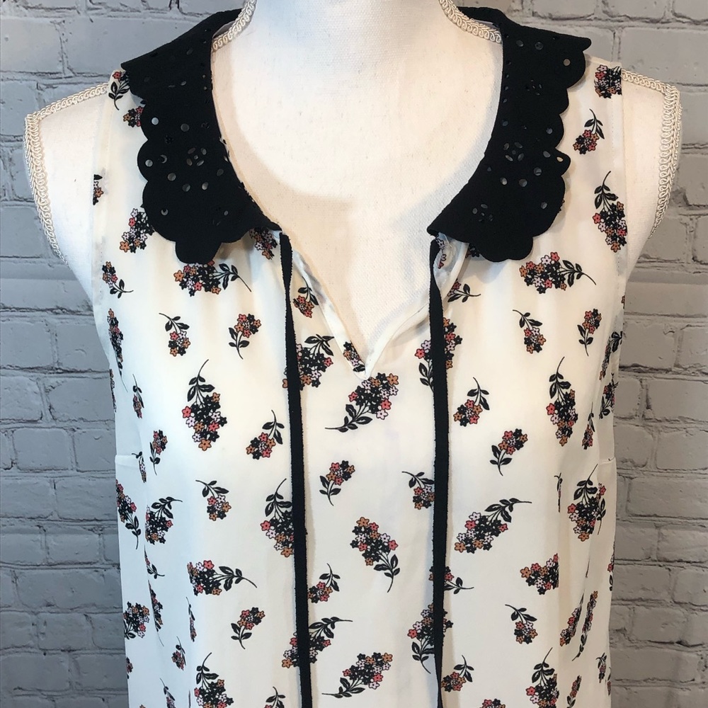 LAUREN CONRAD Tank Top Floral Print w Velvety Laser Cut Collar-Small - Picture 2 of 5